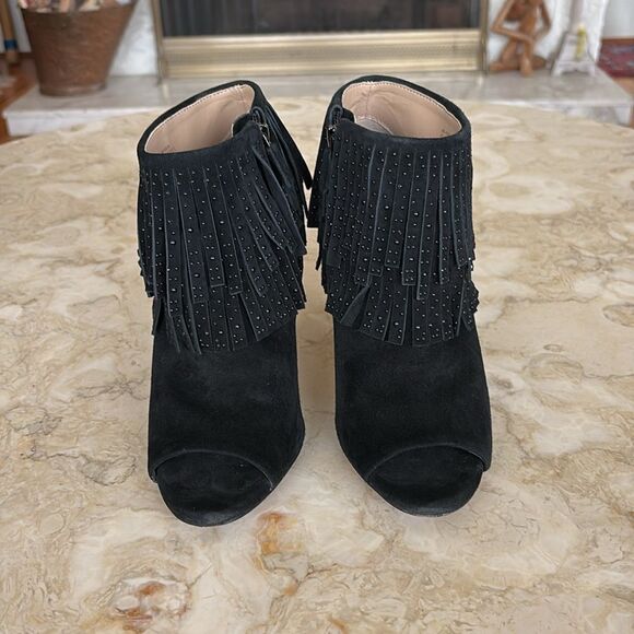 BCBG MAXAZRIA Raimi Bootie Black Suede Peep Toe Fringe High Heel Ankle Boots - Picture 3 of 11